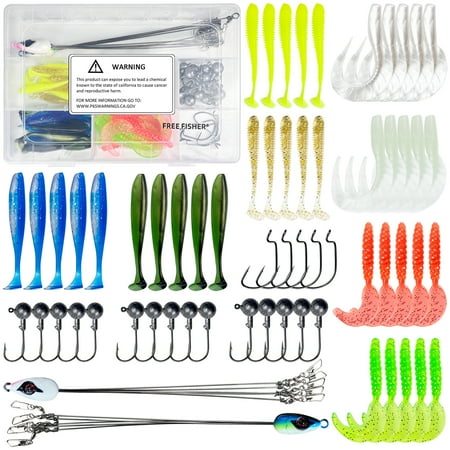 Umbrella Fishing Lure Rig 5 Arms Alabama Rigs 63Pcs Fishing Soft Lure Kit with Jig Head Hooks Swimbait Paddle Tail for Bass Crappie Striper Trout Salmon