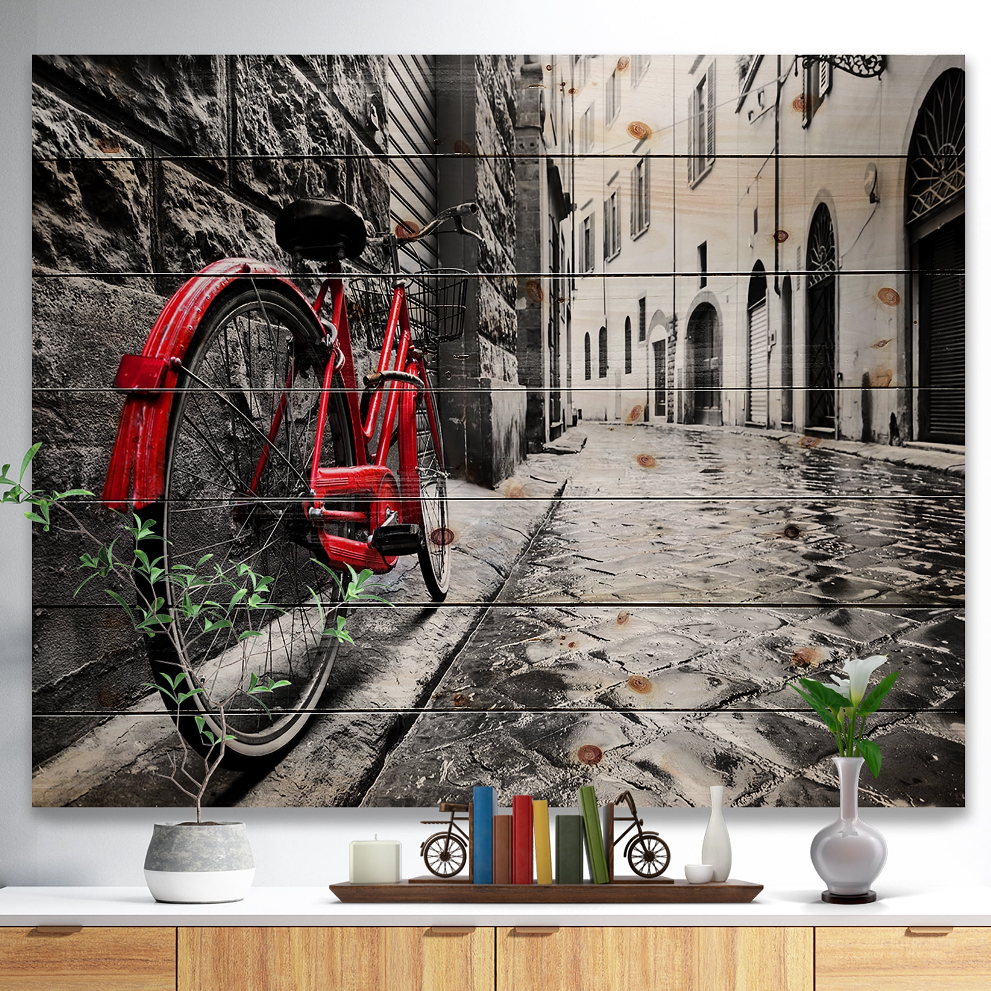 Designart 'Retro Vintage Red Bike' Cityscape Photo Print on Natural Pine Wood