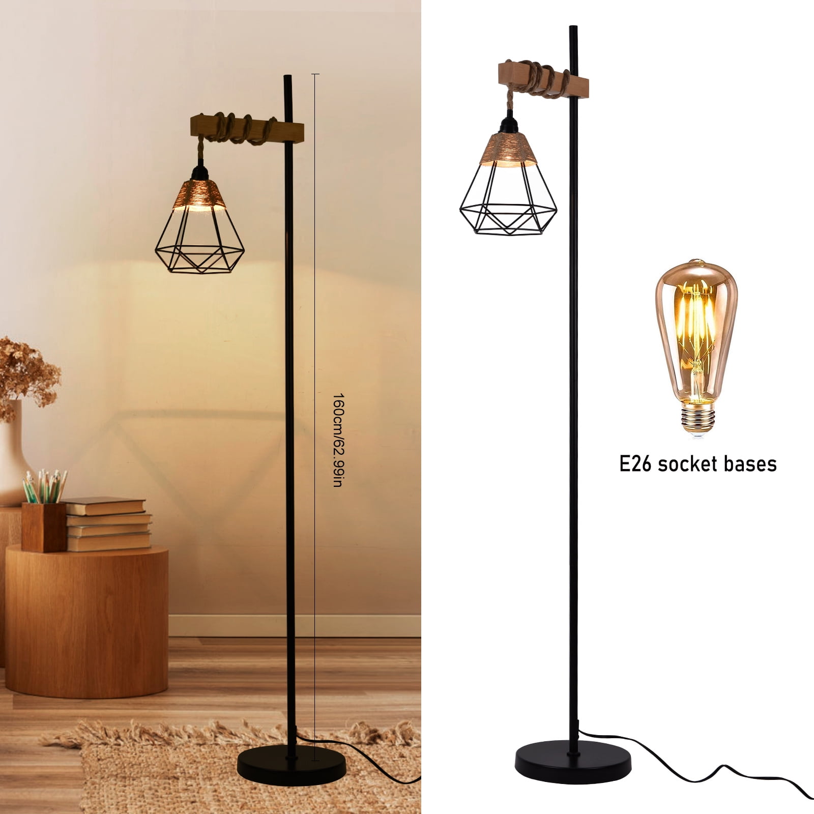 Fichiouy Industrial Floor Lamp with Rattan Lampshade Farmhouse Standing Lamp for Living Room Bedroom Office Dining Room