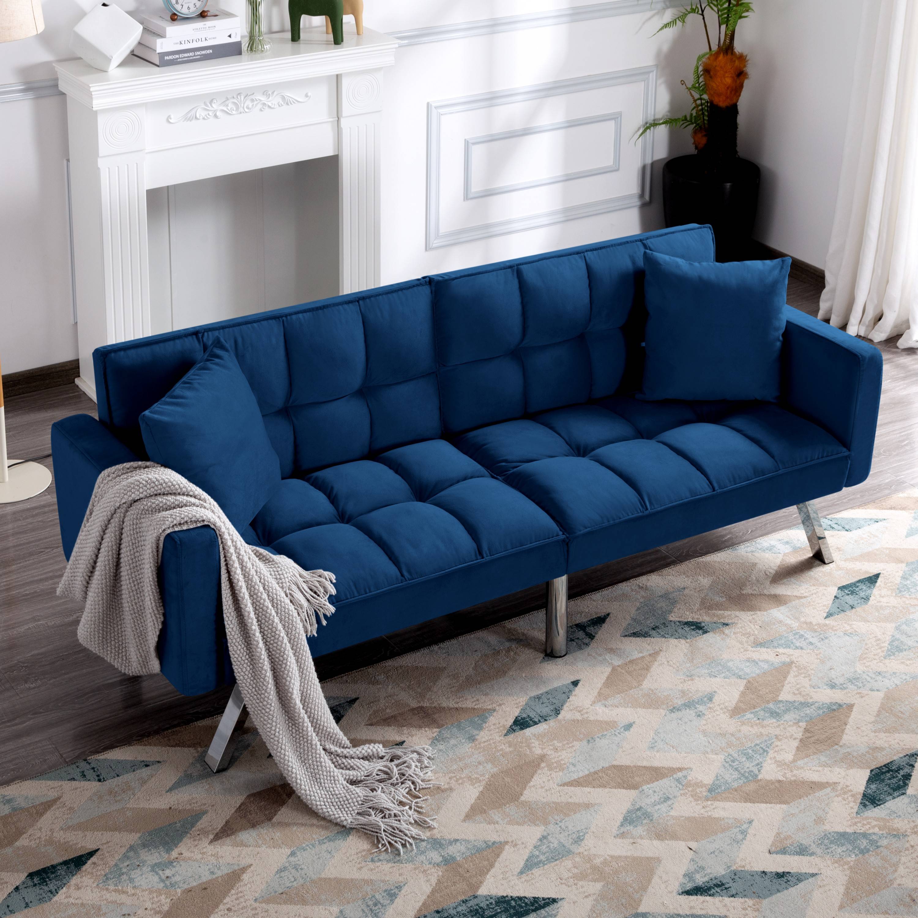 BSHTI 74” Twin Size Futon Sofa Bed,Square-tufted Upholstery Futon Sleeper,Velvet Fabric Sleeper Sofa,for Home,Office,and Guest Room,Navy Blue