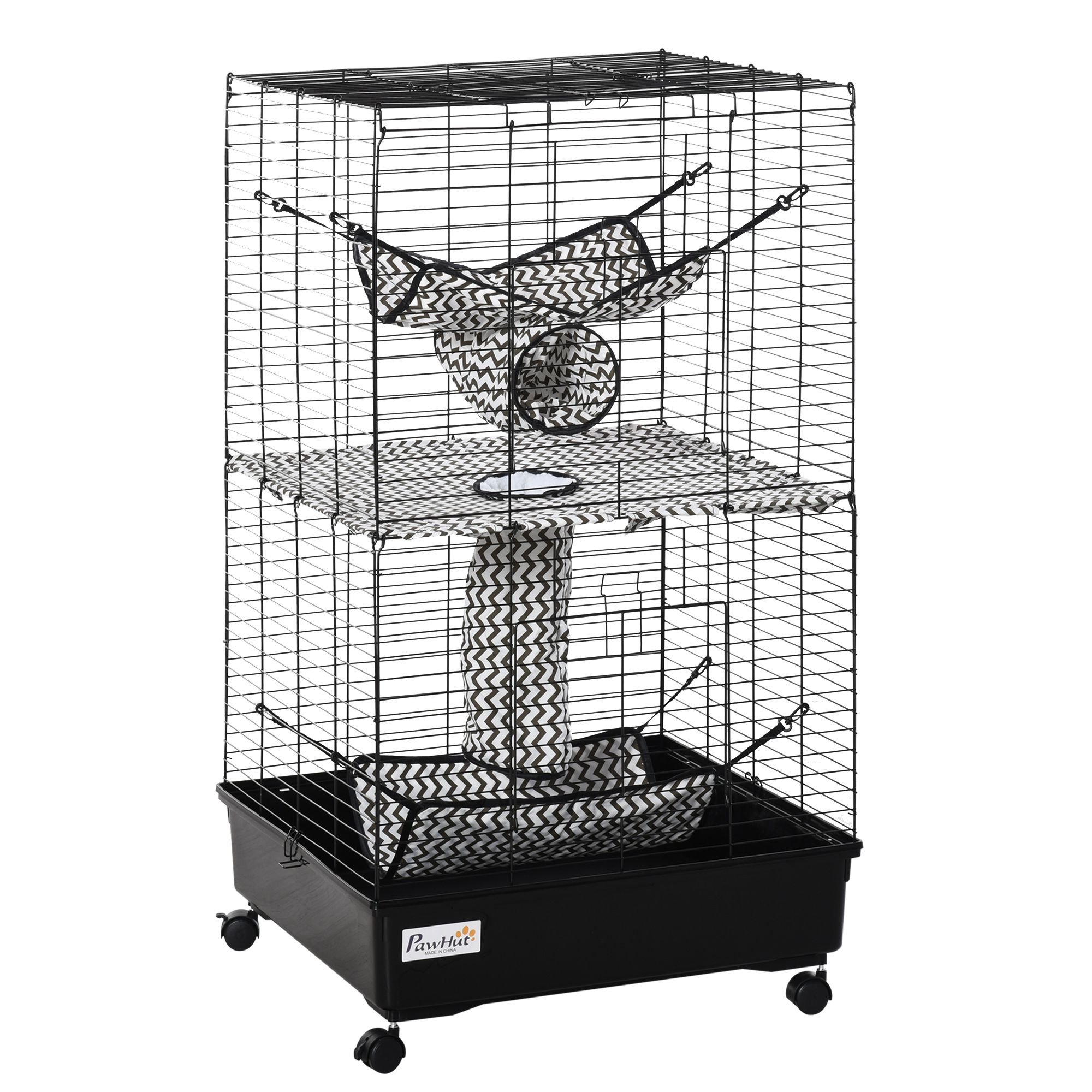 Small Animal Cage, 42" Metal Ferret Habitat with Wheels, Hammocks, Tunnels and 3 Doors, Black