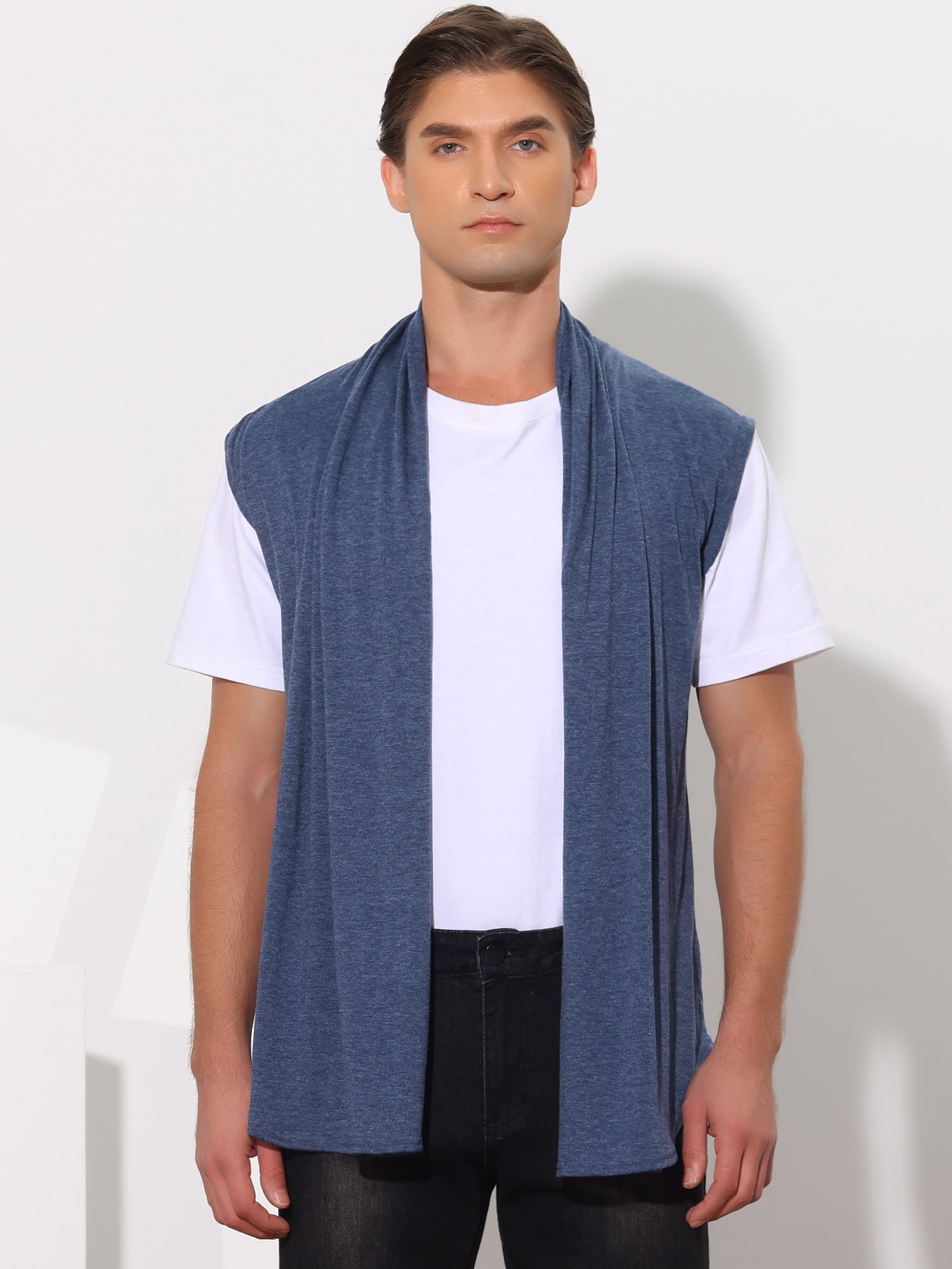 DARING DIVA Men's Sleeveless Open Front Asymmetric Hem Cardigan Vest 42 Navy Blue