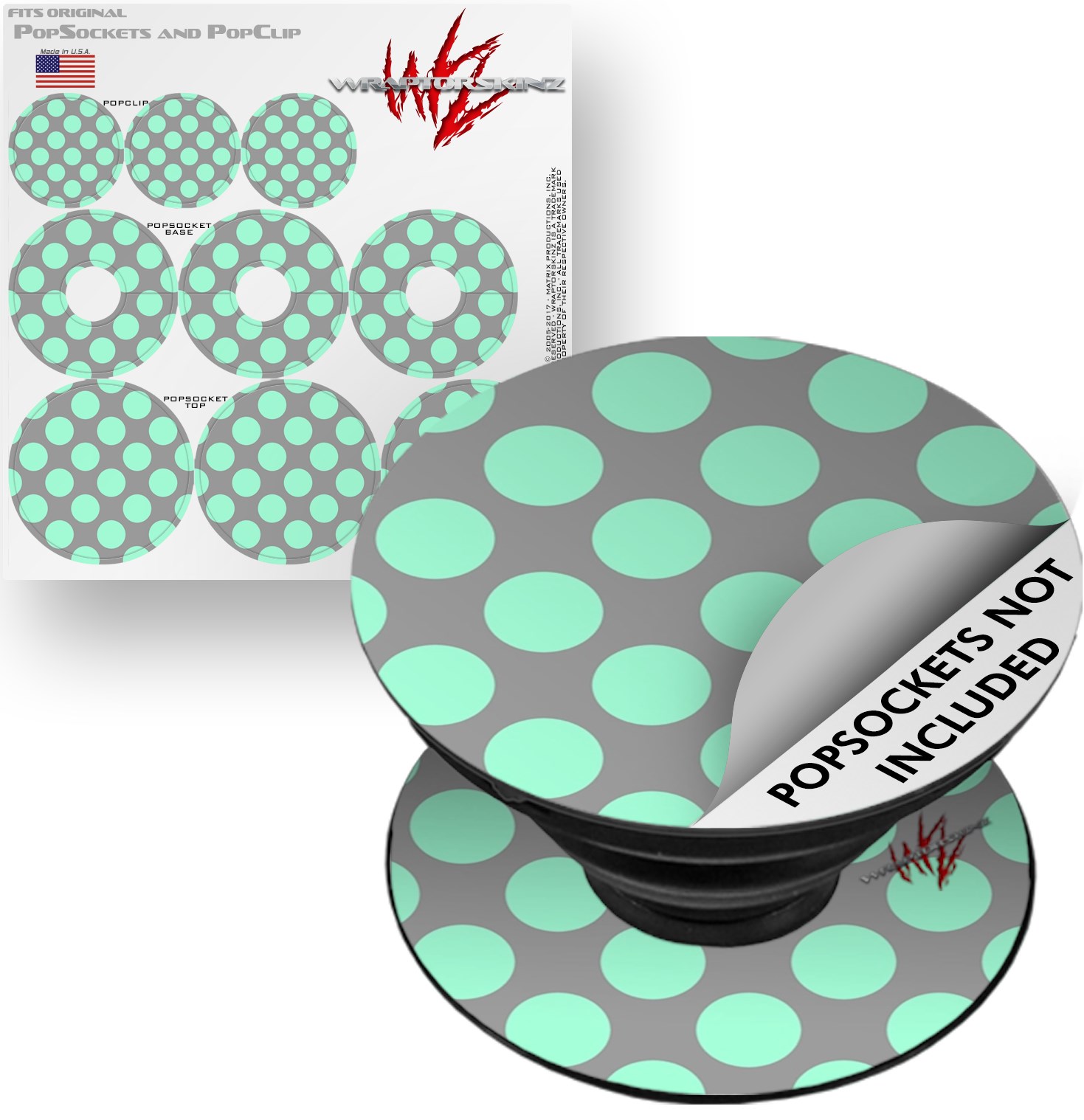 Decal Style Vinyl Skin Wrap 3 Pack for PopSockets Kearas Polka Dots Mint And Gray (POPSOCKET NOT INCLUDED) by WraptorSkinz