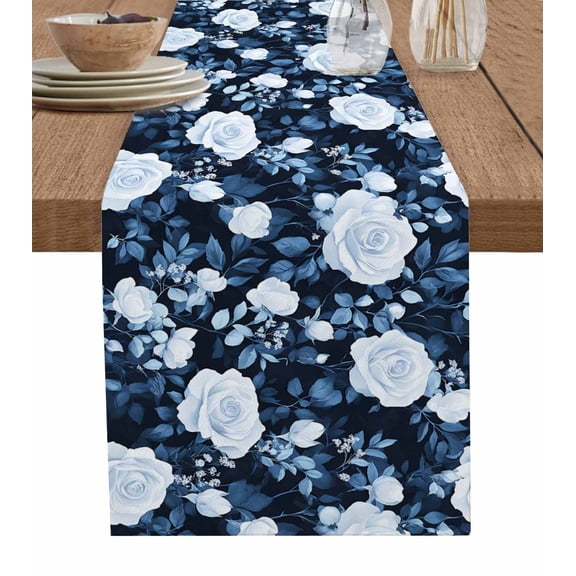 Ldtrchee Vintage Rose Flower Table Runner 48 Inches, Spring Blue Nature Floral Leaf Branch Bed Runner Dresser Scarves Tabletop for Indoor Outdoor Parties/Ceremony/Banquet, 13" x 48"
