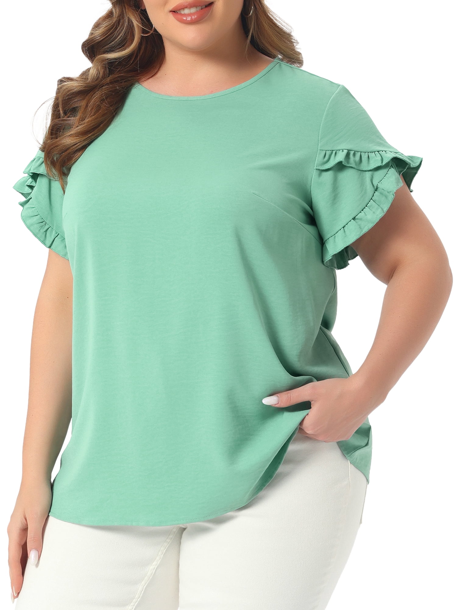DARING DIVA Women's Plus Crew Neck Ruffle Blouse 3X Light Green