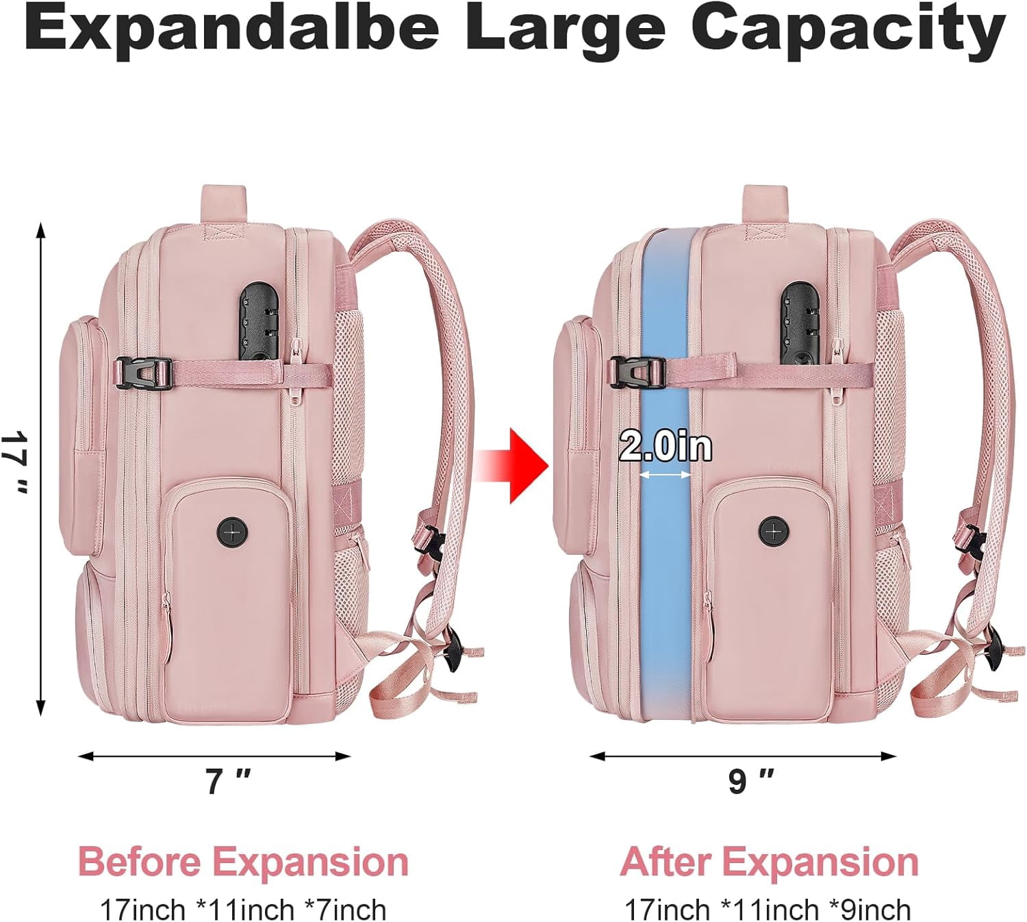 Taygeer Vacuum Backpack, Expandable Carry on Compression Luggage Bag with Shoe Compartment and Rain Cover for Adults, Pink