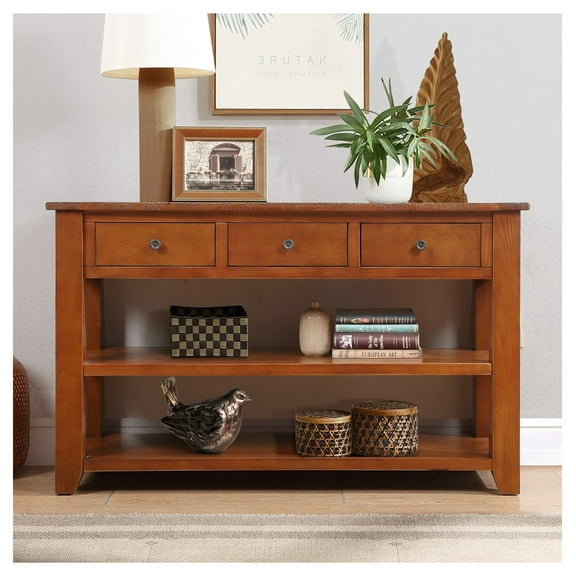 '' Solid Pine Wood Top Console Table, Modern Entryway Sofa Side Table with 3 Storage Drawers and 2 Shelves. Easy to Assemble (Brown)