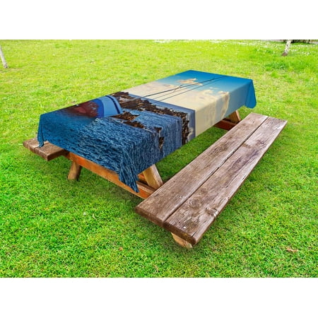 

Shipwreck Outdoor Tablecloth Yacht in the Sea Surrounded by Ledge Rocks Coastal Incident Shroud Crash Scene Decorative Washable Fabric Picnic Tablecloth 58 X 120 Inches Blue Brown by Ambesonne