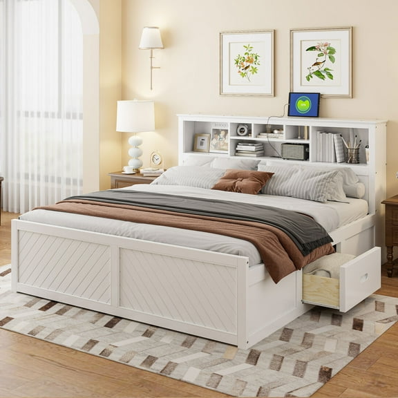 King Size Bed Frame with Storage Headboard, Wooden Platform Bed with USB Charging Station and Drawers, No Box Spring Needed, White