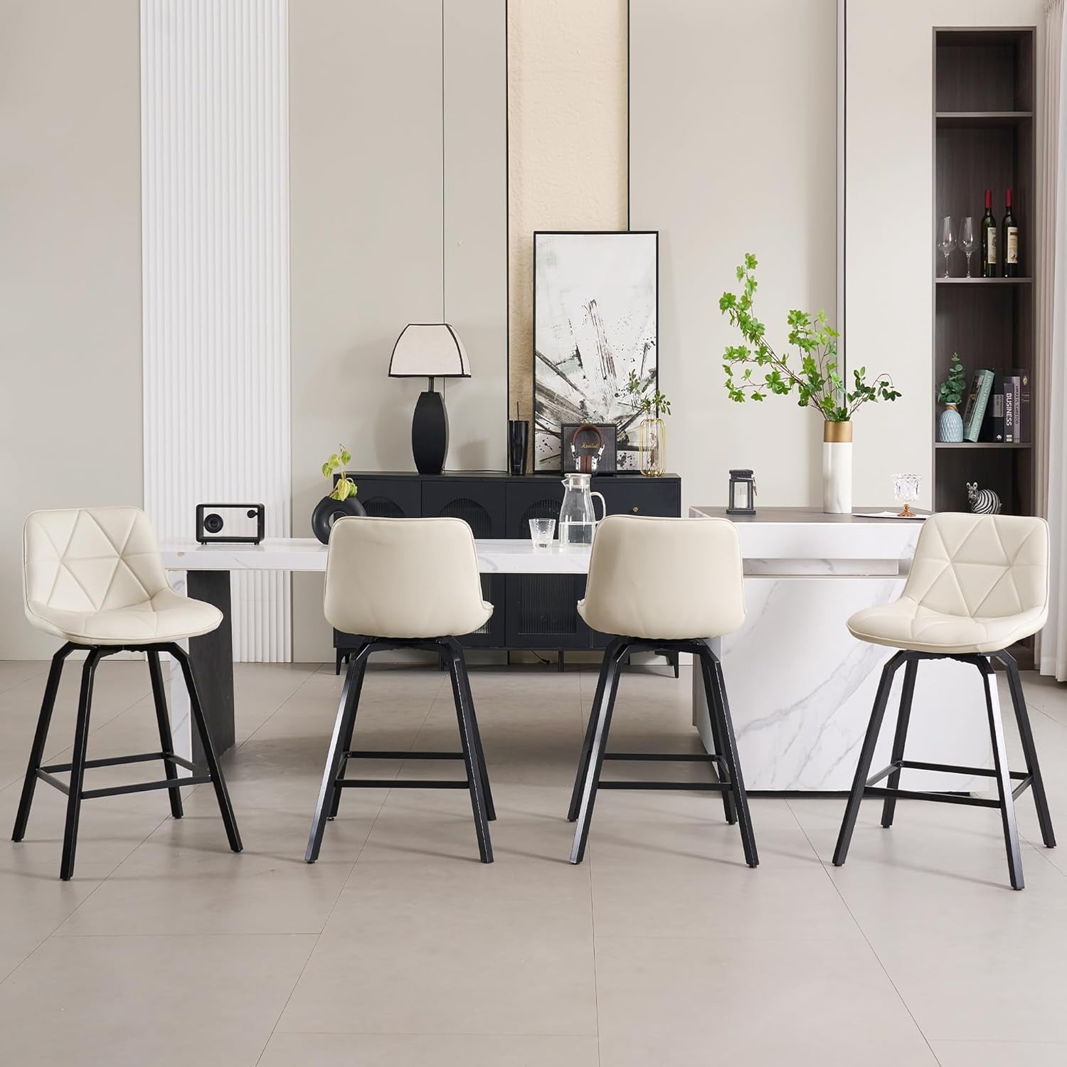 Fancrou 26″ Swivel Counter Height Bar Stools Set Of 4, Triangular Pattern Faux Leather Seat With Metal Legs And Back, White