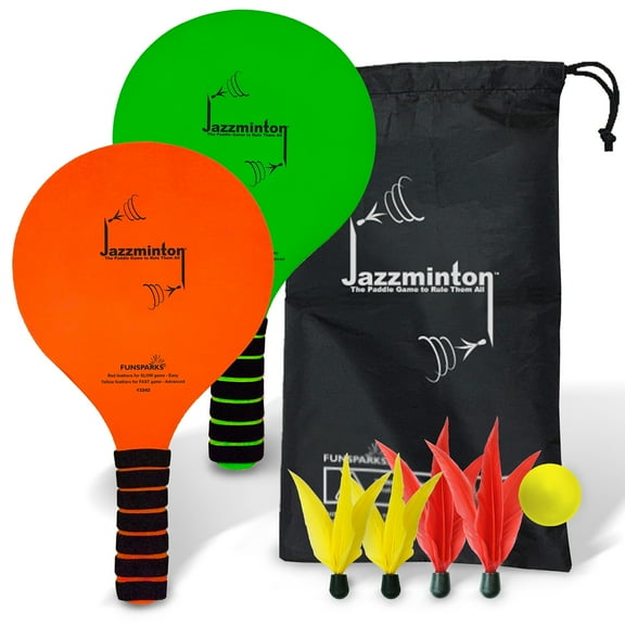 Funsparks - Jazzminton Paddle Ball Game with Carry Bag - Indoor Outdoor Toy - Play at The Beach, Lawn or Backyard - 2 Wooden Racquets - 4 Shuttlecocks - 1 Ball