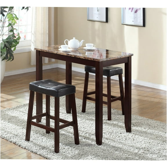 JERFIT 3-Piece Counter Height Dining Set with Marble Tabletop and 2 Stools, Espresso Finish Wood Kitchen Breakfast Nook Set