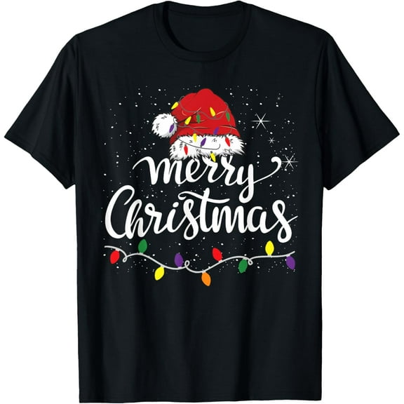 Merry Christmas Lights Red Santa Hat Xmas Family Men Women T-Shirt