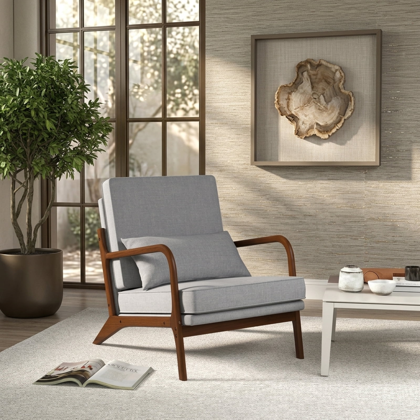 Furnibear Modern Accent Chair with Extra-Wide Padded Seat Removable Lumbar Pillow and Rubber Wood Armrests for Living Room and Bedroom, Gray