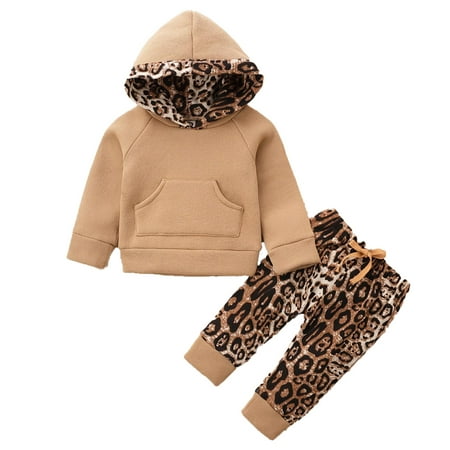 

baby girl clothes Baby Boys Winter Thick Warm Hooded Leopard Tops+Pants Outfits