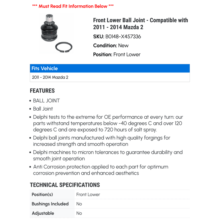 Front Lower Ball Joint - Compatible with 2011 - 2014 Mazda 2