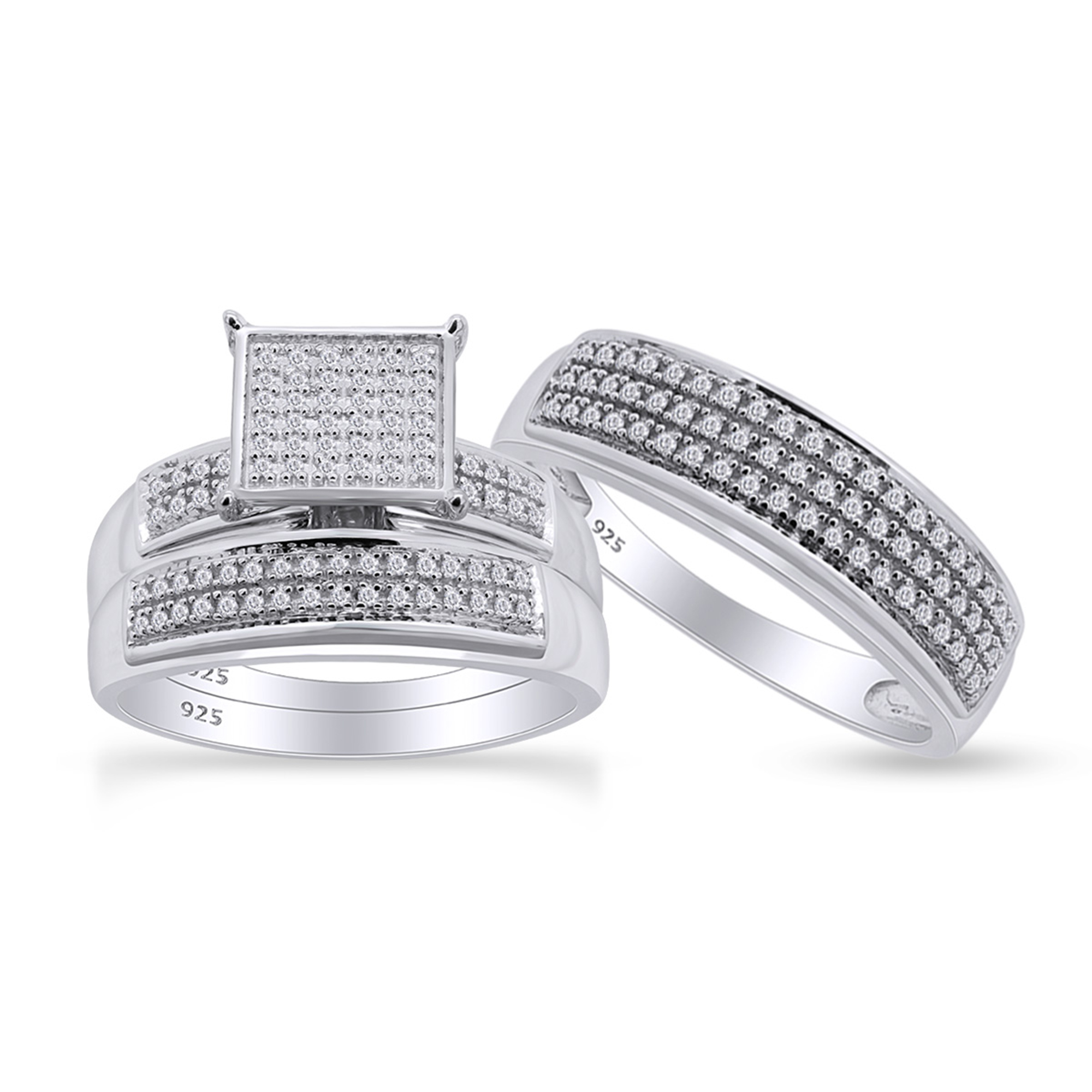 AFFY 0.33CT Natural Diamond Trio Matching Wedding Rings Set 14k White Gold over Silver-12.5