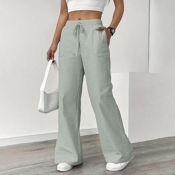Women Striped Elastic Waist Casual Pants with Pockets Lightweight Breathable Wide Leg Lounge Trousers for Summer Daily Wear