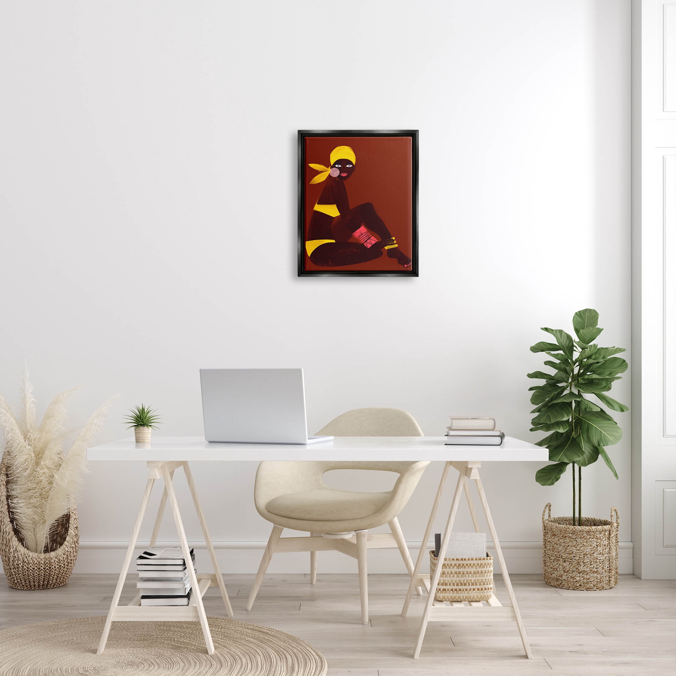 Woman Sitting Yellow Swimsuit Abstract Graphic Art Jet Black Framed Art Print Wall Art