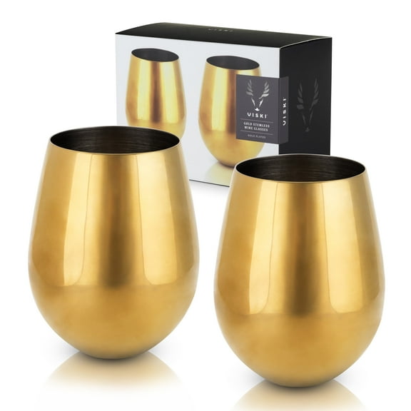 Viski Stainless Steel Stemless Wine Glasses, Home Bar, 18oz Set of 2, Gold