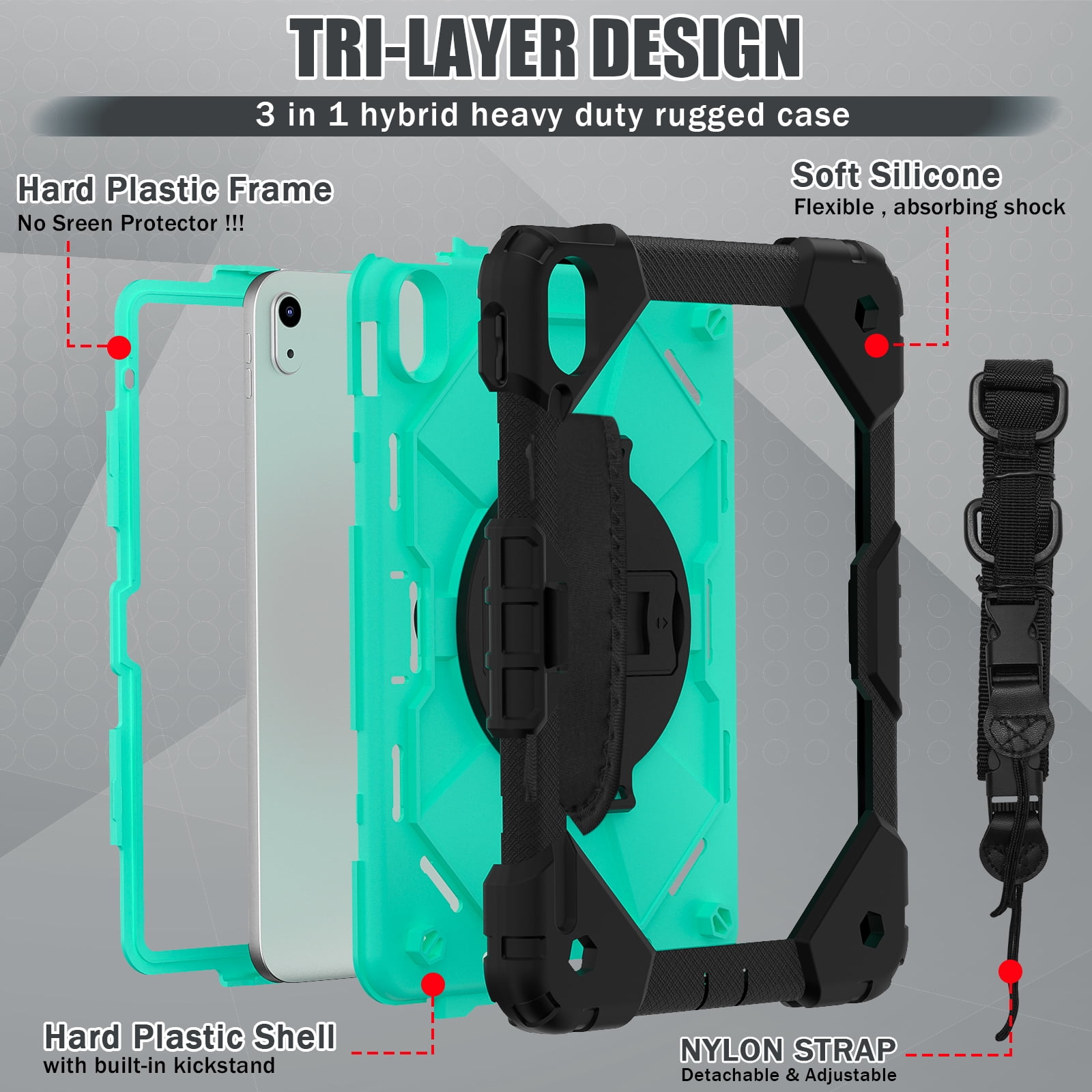 ELEHOLD Rugged Hybrid Case for iPad 11th Gen (A16) 2025 11-inch,with Built-in Kickstand 360° Rotating Handstrap Pencil Holder Crossbody Shoulder Strap Shockproof Heavy Duty Case,Black/Mint