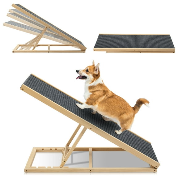 Zimtown 39in Folding Pet Ramp - 4-Level Adjustable, Pine Wood & Plush Fabric, Light Gray/Natural Wood