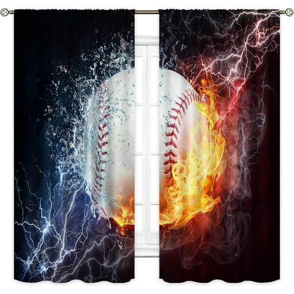 Baseball Curtains Sports Theme for Men 42W x 63L Inch Rod Pocket Ball in Fire Water Flame Lightening Boys Kids Bedroom Decor Art Printed Living Room Window Drapes Treatment Fabric 2 Panels