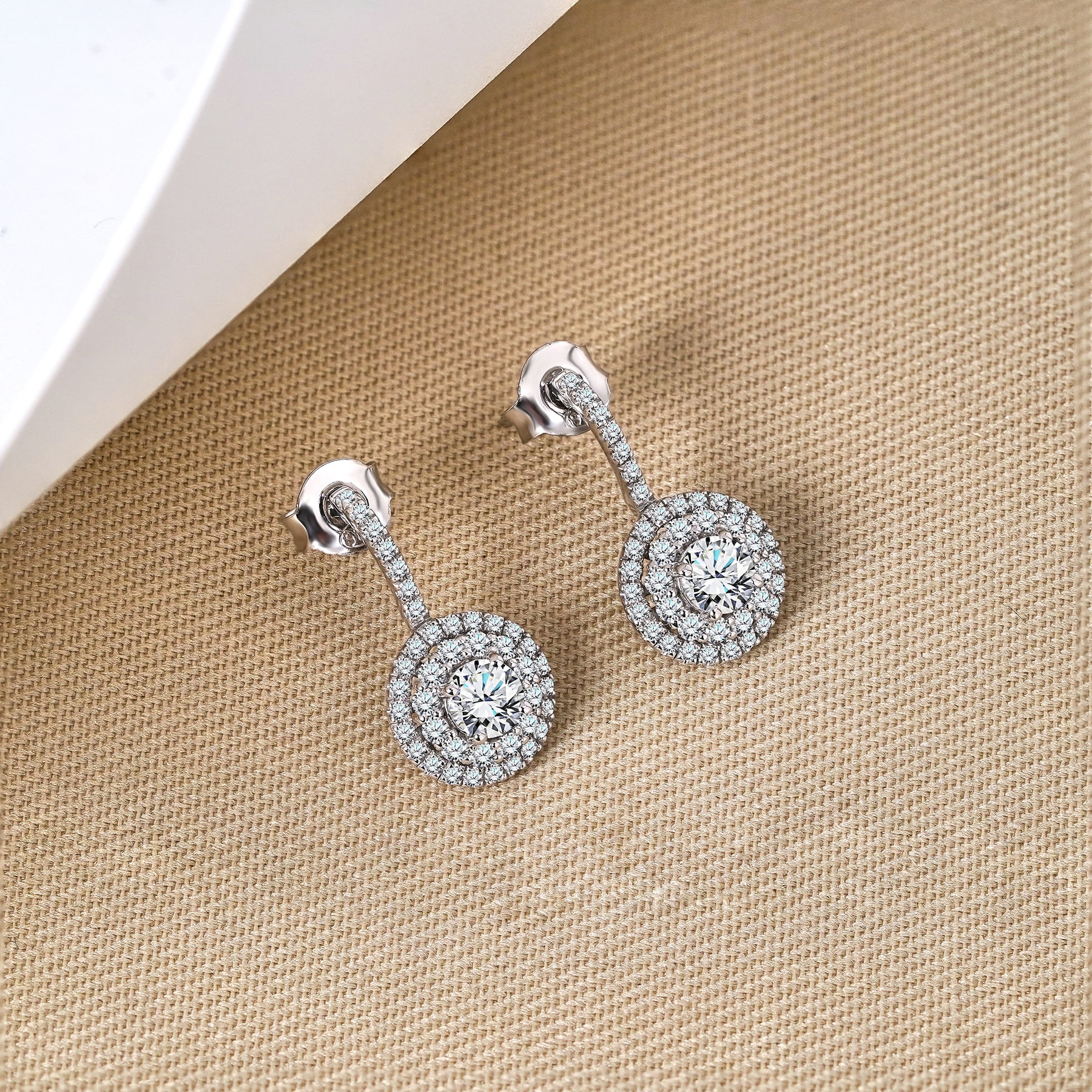 JeenMata 1 Carat Lab Grown Diamond Halo Drop Earrings - Round Cut Vintage Inspired Earrings in White Gold Plating