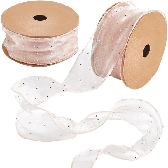 2 Roll 20 Yards 2 3/8 Inch Glitter Sheer Ruffle Edge Ribbon Pink Rhinestone Organza Ruffled Silk Mesh Yarn Iridescent Wired Ribbons Bulk