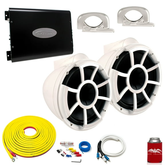 Wet Sounds REV10W-FC White 10" Tower Speakers With Arc Audio KS-600.2 Amplifier with Wiring Kit