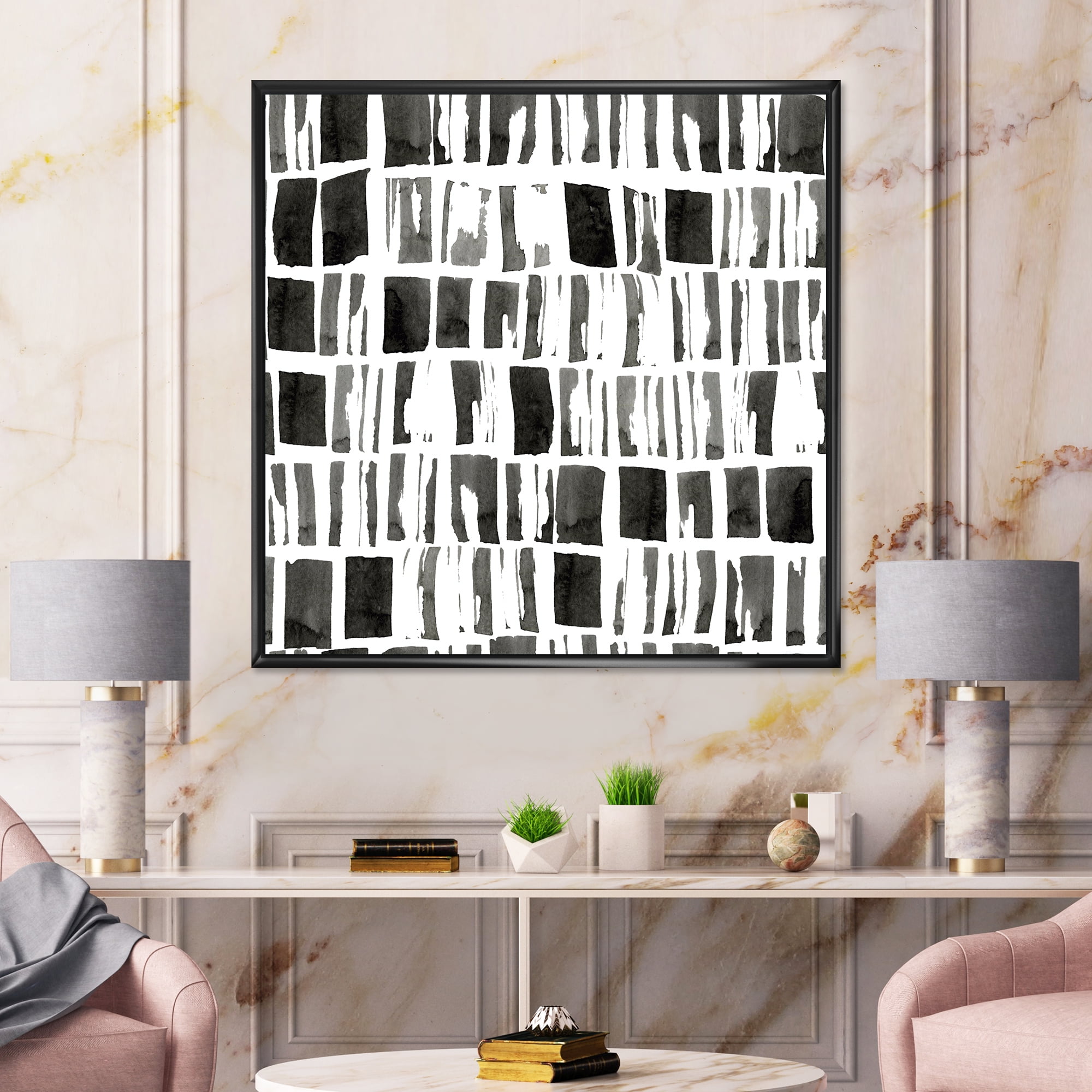 Designart 'Abstract Black and White Bricks' Modern Framed Canvas Wall Art Print