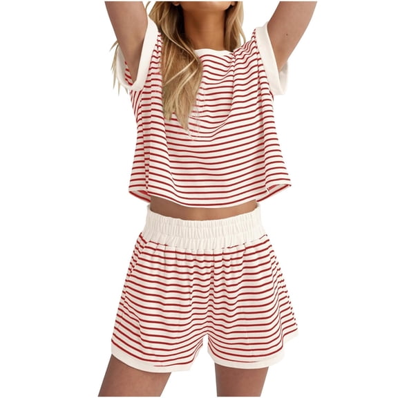Womens Striped Lounge Set Crewneck Short Sleeve Tops Shorts Summer Loungewear 2 Piece Shorts Sets Red, S