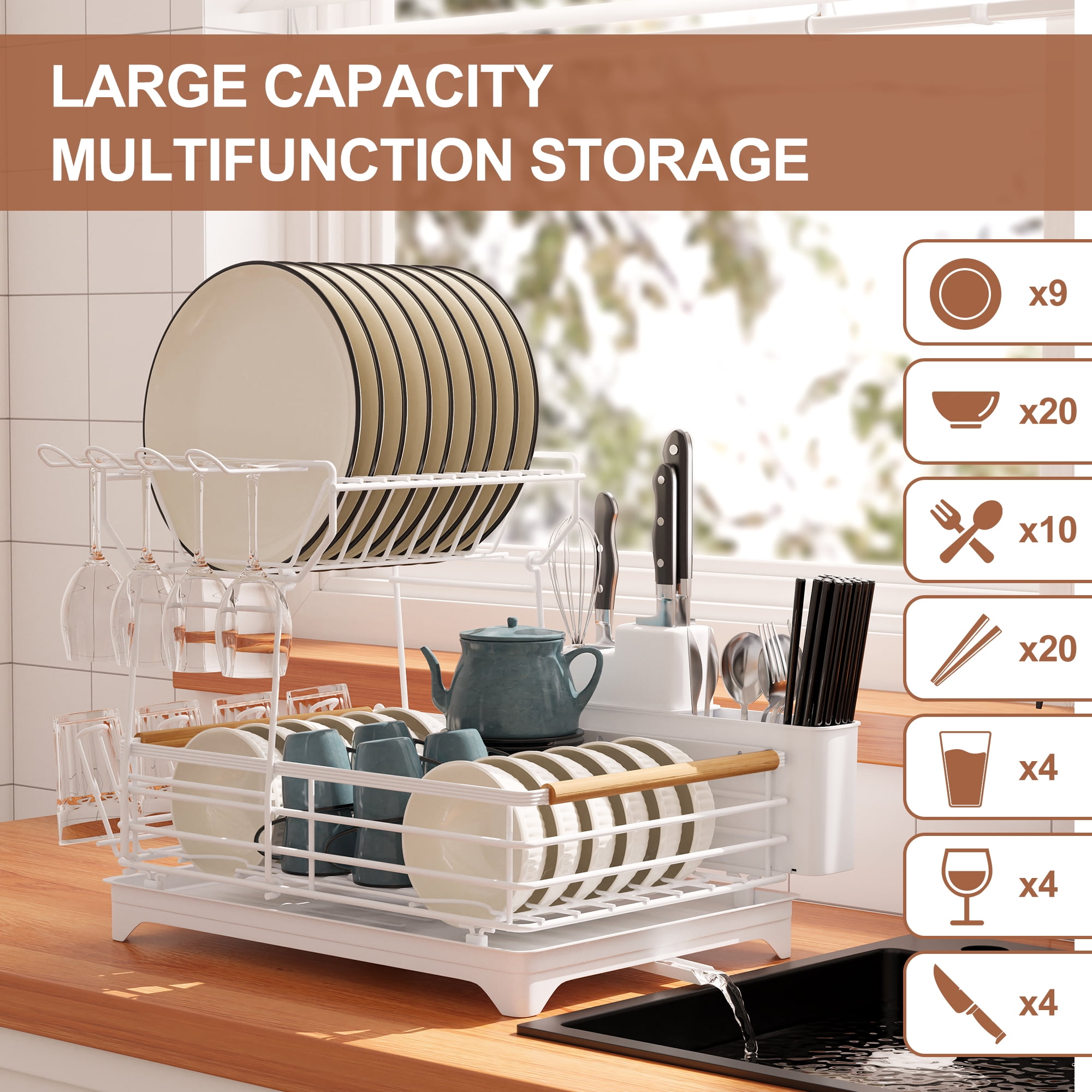 Innovaze Metal Dish Drying Rack, 2 Tier Compact Dish Rack w/Bamboo Holder for Kitchen Counter, White