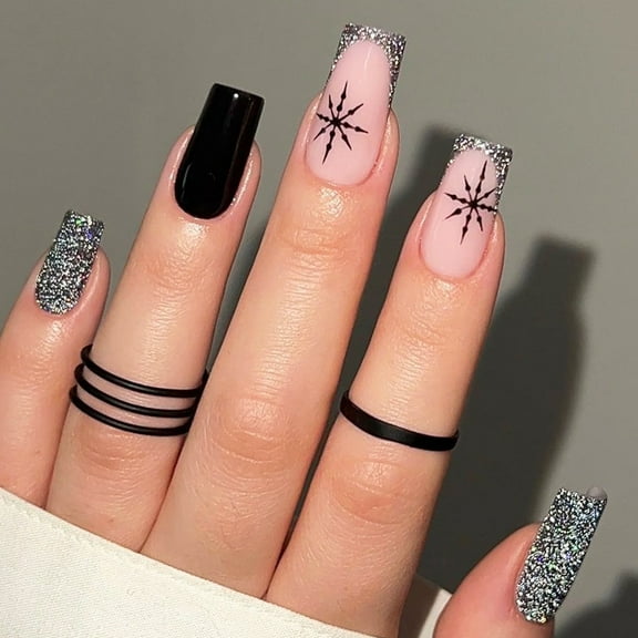 Christmas Wearable Nail Art - Snowflake Glitter Cross - border False Nails, Wearable Nail Art Stickers