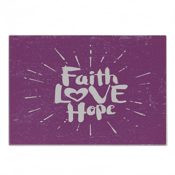 Hope Cutting Board, Illustration of Western Message Faith Hope Slogan on Purple Backdrop, Decorative Tempered Glass Cutting and Serving Board, Small Size, Purple and Lilac, by Ambesonne