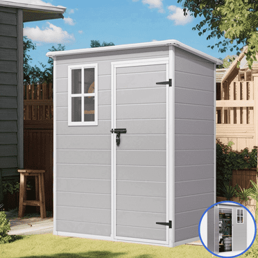 Outdoor Storage Shed, 5'x3' Resin Outdoor Shed,  Lofka Plastic Garden Shed,Gray and White