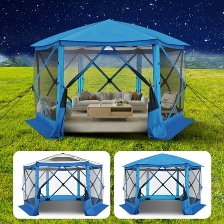 HOTEEL 12 x 12 Portable Pop-Up Outdoor Camping Gazebo  Glamping Canopy with Mosquito Nettings  Waterproof  UV  Hub Tent Instant Screened Tent Canopy Shelter with Ground Stakes & Carry Bag  Blue