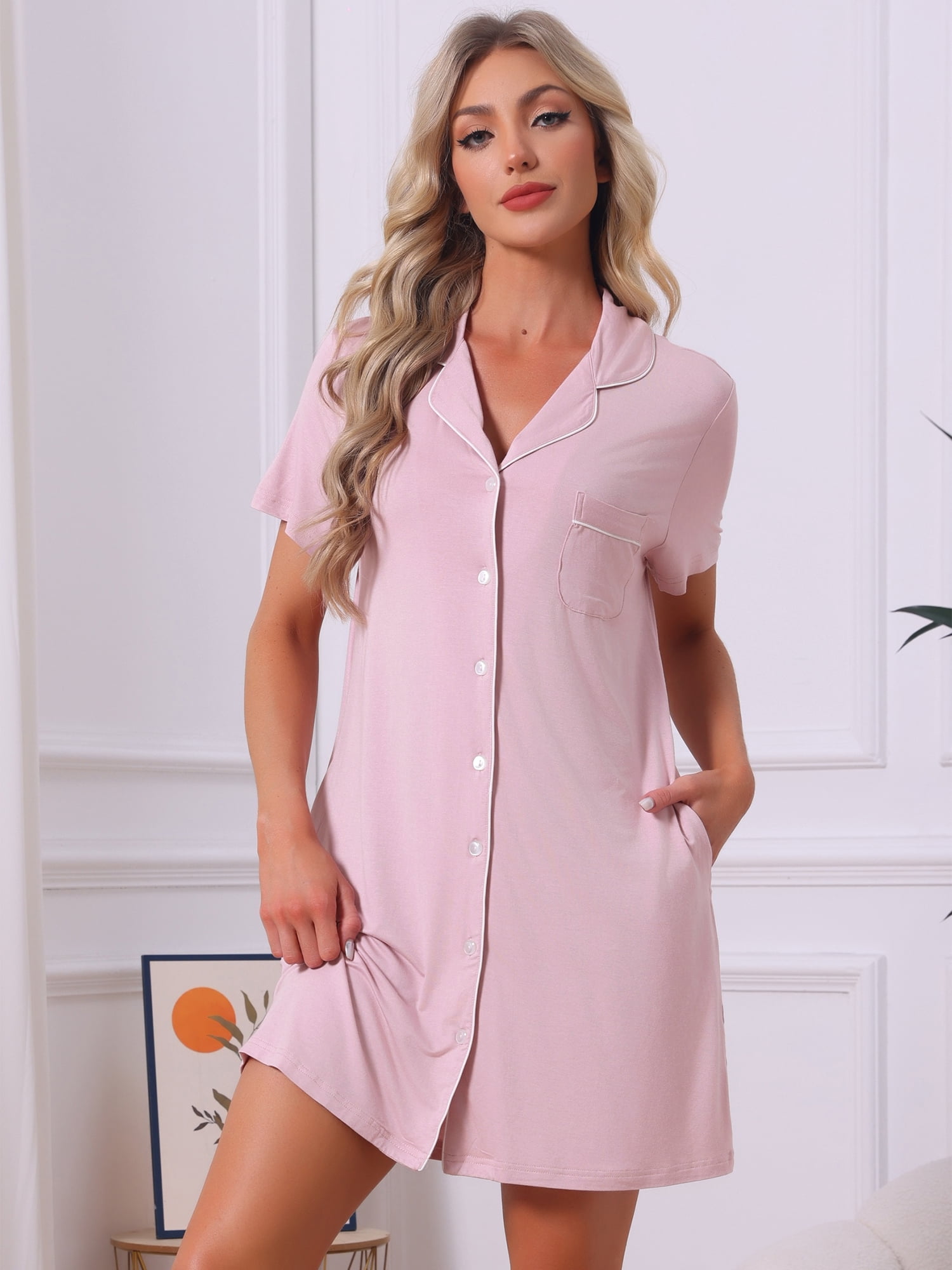 DARING DIVA Women's Button Down Short Sleeve Sleep Shirt with Pockets M Pink