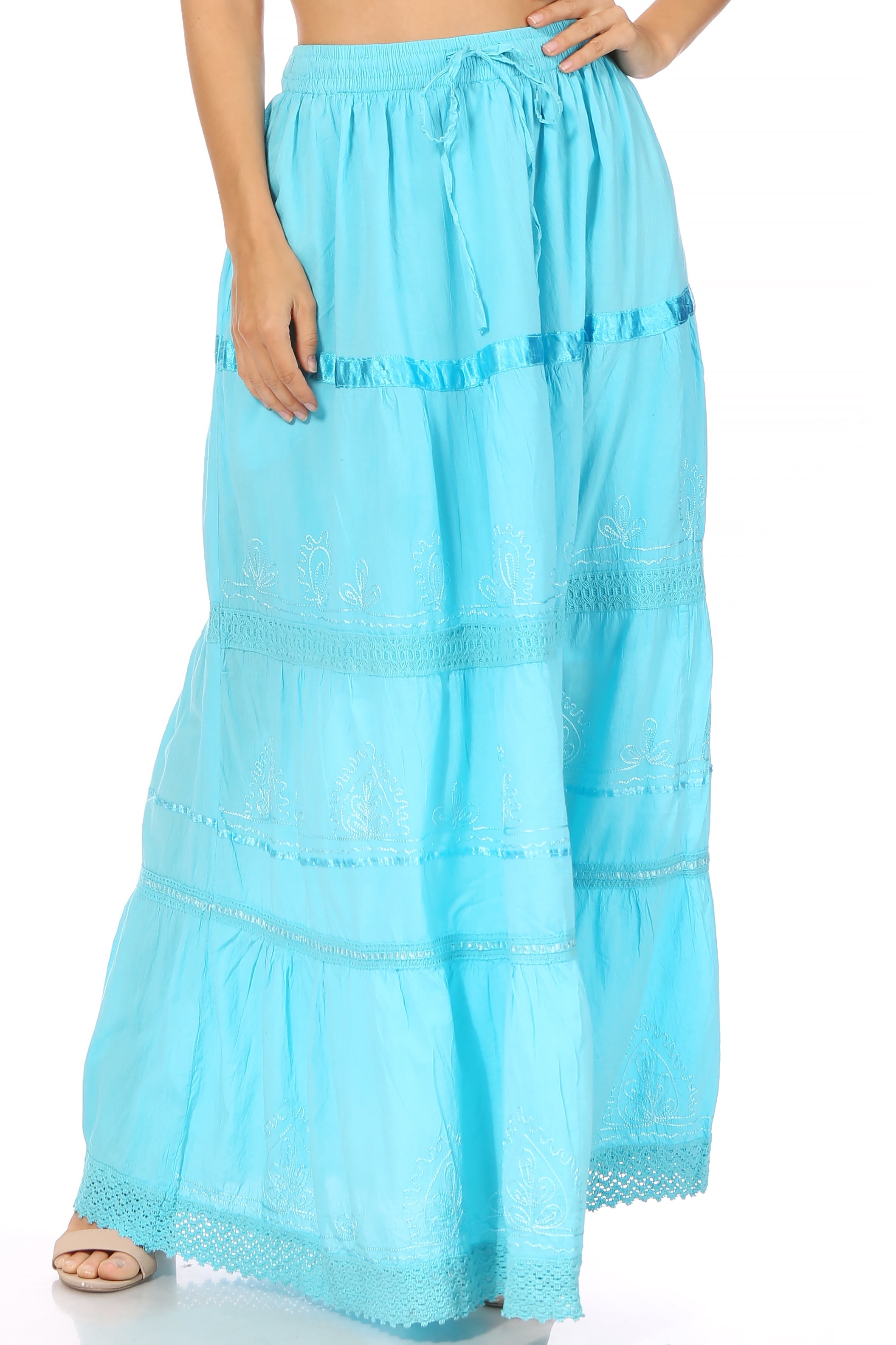 Sakkas Solid Embroidered Gypsy / Bohemian Full / Maxi / Long Cotton Skirt -  Turquoise - One Size - Walmart.com