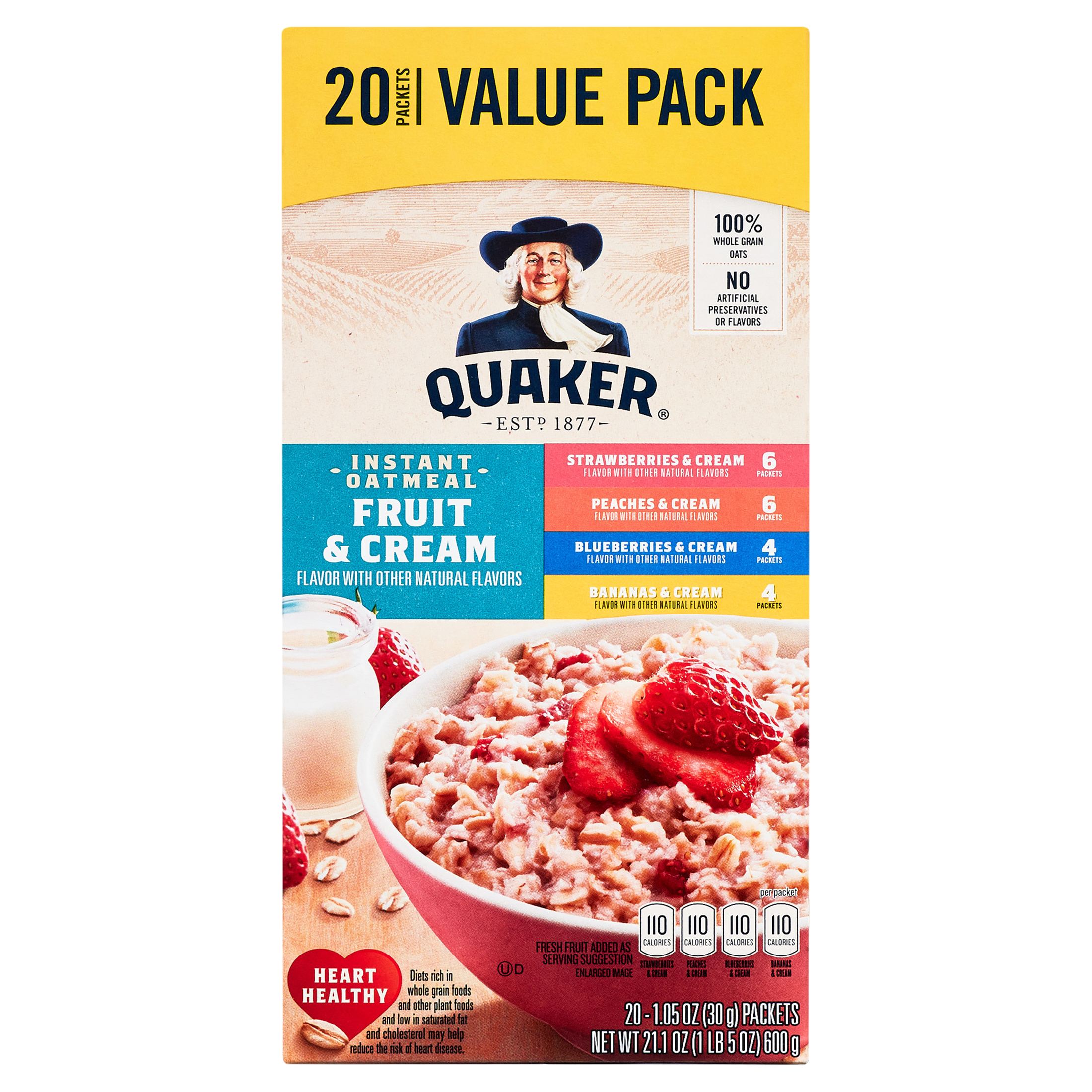 Quaker Instant Oatmeal, Fruit & Cream Variety Pack, Quick Cook Oatmeal, 1.1 oz Packets, 20 Pack - image 5 of 12