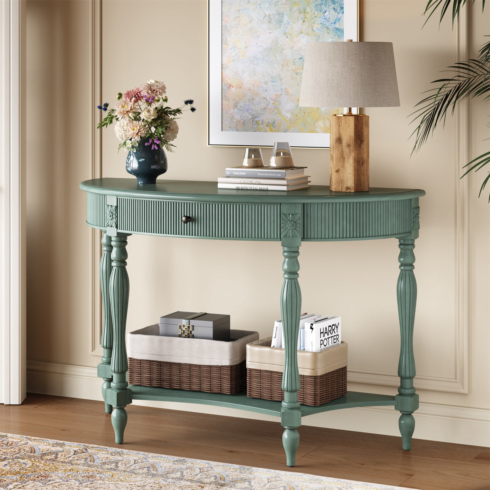 Hommoo Solid Wood Half Moon Console Table with Drawer & Open Shelf, Vintage Fluted Entryway Table for Hallway, Foyer, Living Room, Sofa Table with Roman Column Carved Legs, Rustic Green