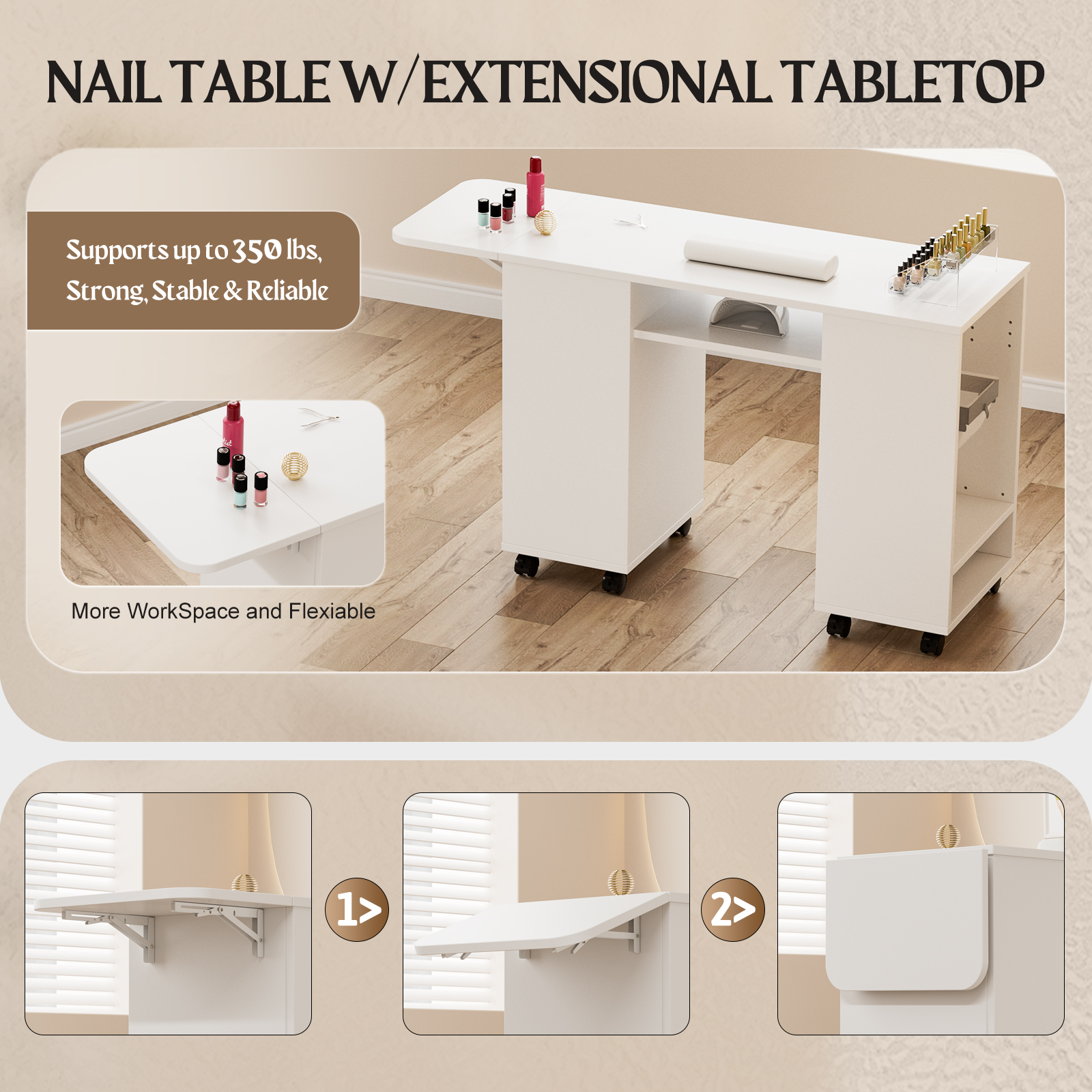55 Inch Nail Desk for Nail Tech, White Manicure Table Nail Station with Foldable Tray & Trash Bag Holder, Wrist Cushion, Lockable Wheels, Nails Table for Nail Beauty Salon Spa（White）