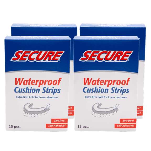 Secure Comfort Strips Waterproof Denture Adhesive - Customizable Fit, Extra Firm All Day Strong Hold for Lower Dentures - Zinc Free - 60 Strips (4 Pack)