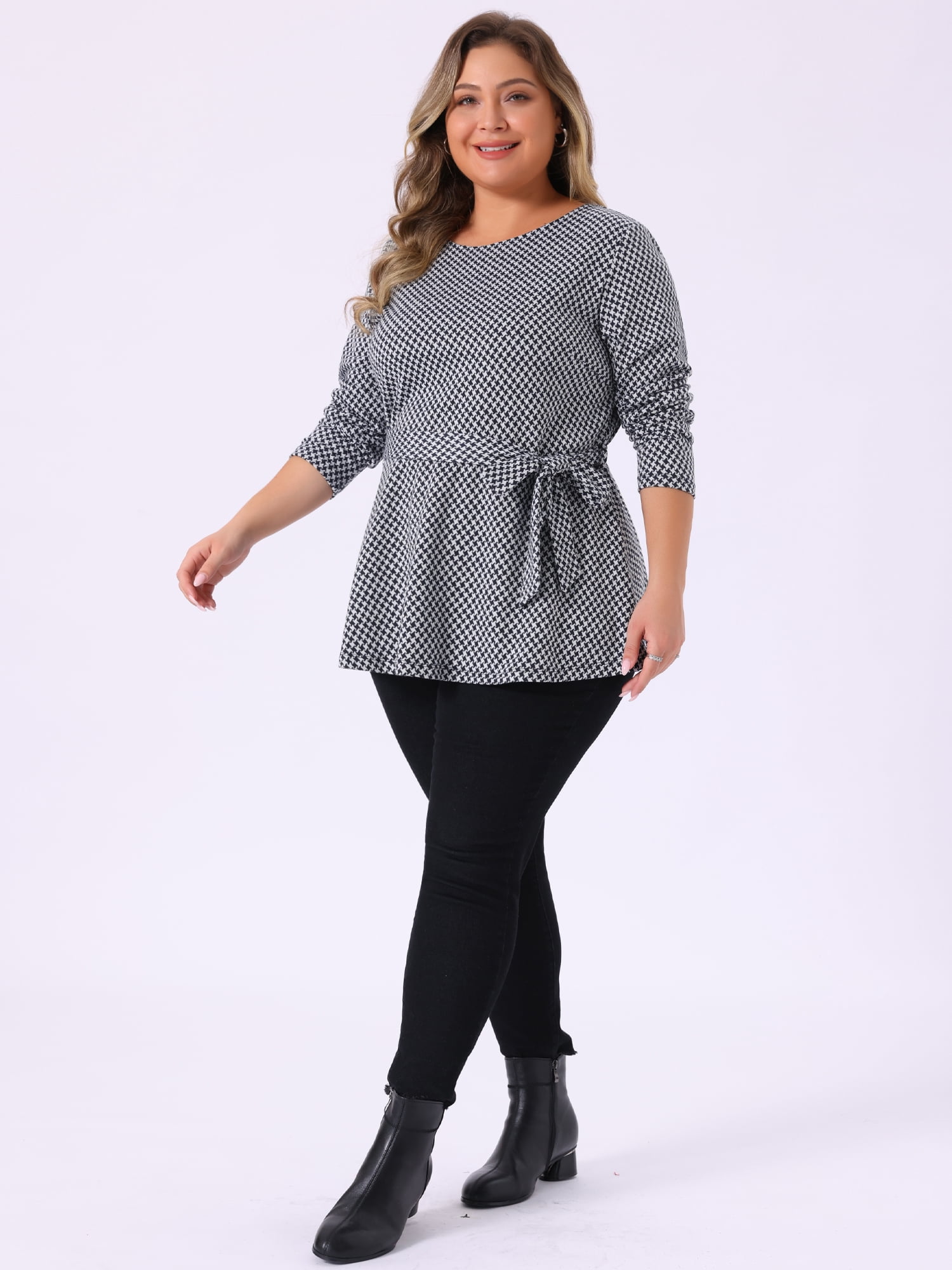 DARING DIVA Women's Plus Size Belted Tie Houndstooth Blouse Tunic 4X Dark Blue