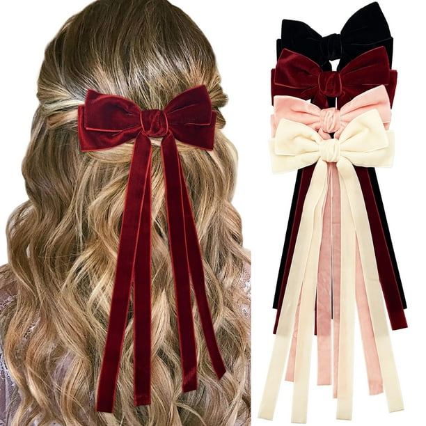 BETITETO Lazos para el cabello de terciopelo grandes para mujeres y niñas, 4 piezas, elegantes pinzas para el cabello con lazo de cocodrilo con cola larga, accesorios para el cabello, regalo para ella