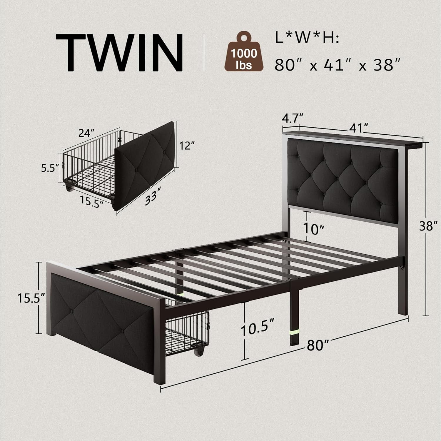 Honfach Twin Bed Frame with Storage Drawer, Metal Platform Bed with Charging Station, Upholstered Button Tufted Storage Headboard,  Black