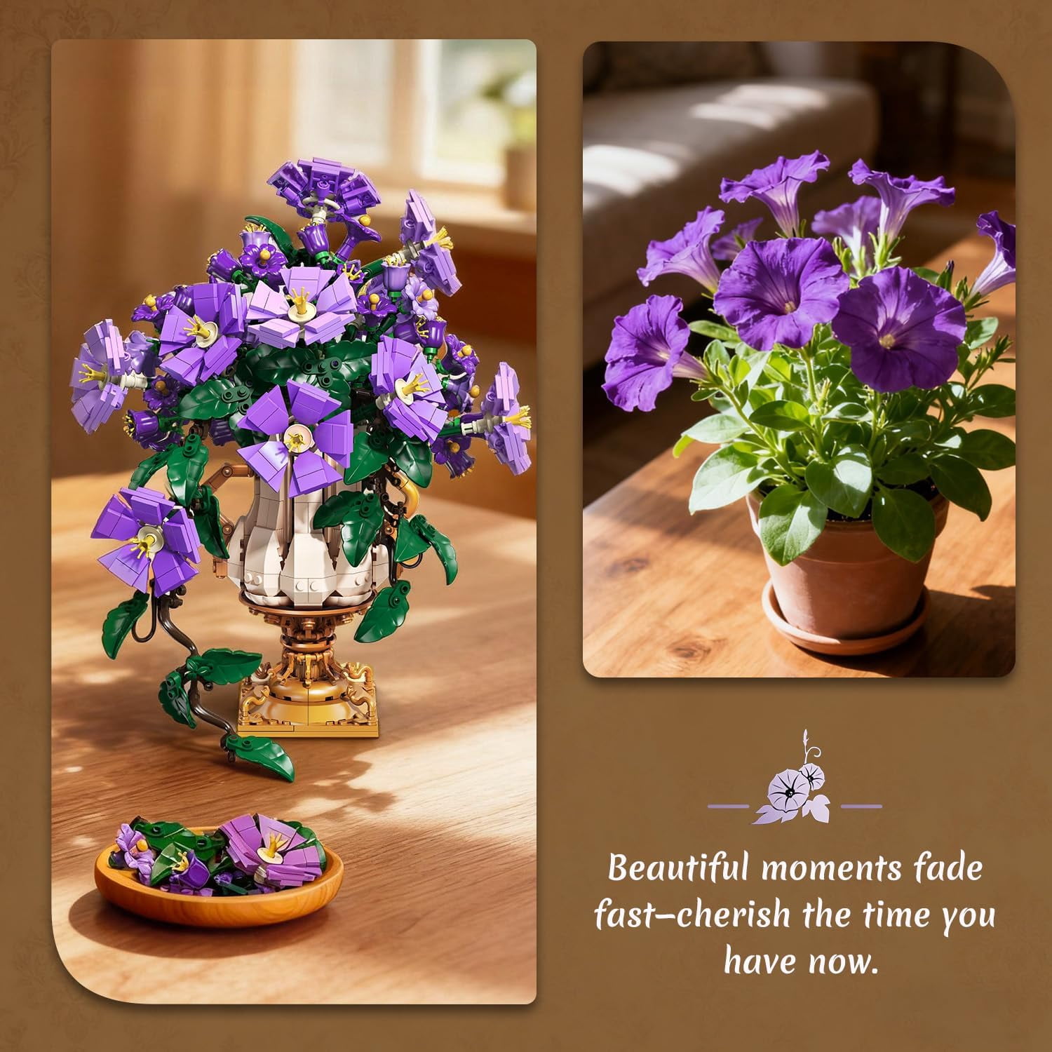 TERRAMUS Morning Glory Bouquet Building Set with Wall Mount, 1136 PCS Artificial Flower Blocks, 2-in-1 Desk Wall Display Construction Toy for Ages 12+