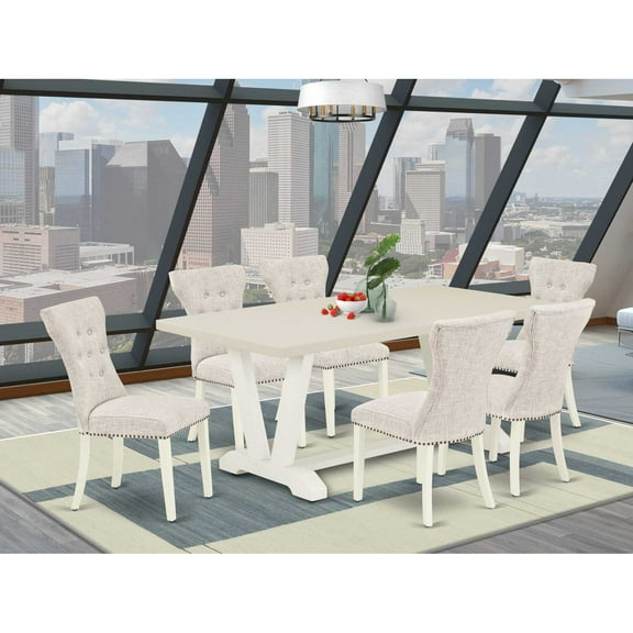 East West Furniture 7-Pc Dining Room Table Set- 6 Dining Chairs with Doeskin Linen Fabric Seat and Button Tufted Chair Back - Rectangular Table Top & Wooden Legs - Linen White Finish