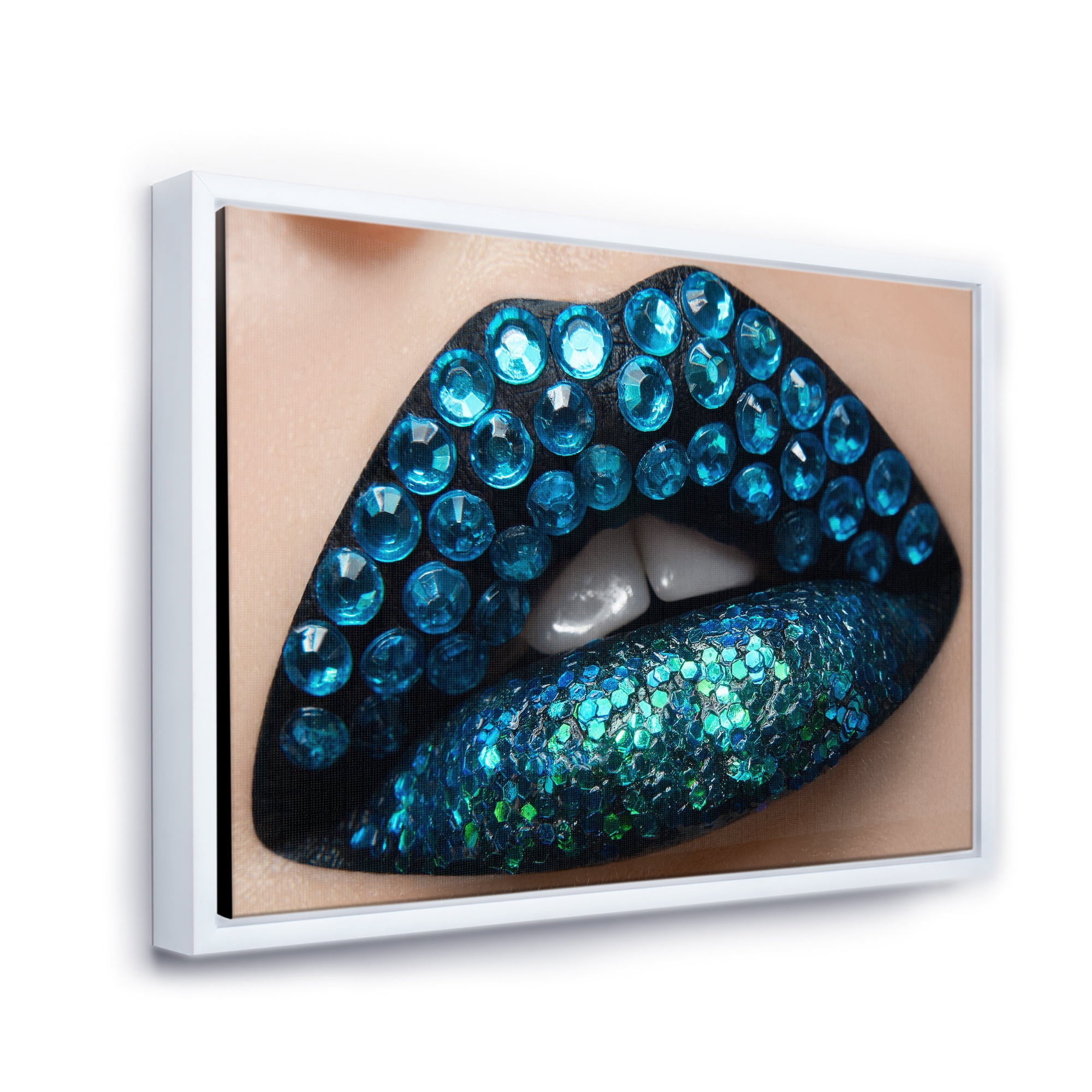 Designart 'Woman Lips With Black Lipstick Blue Diamonds' Modern Framed Canvas Wall Art Print