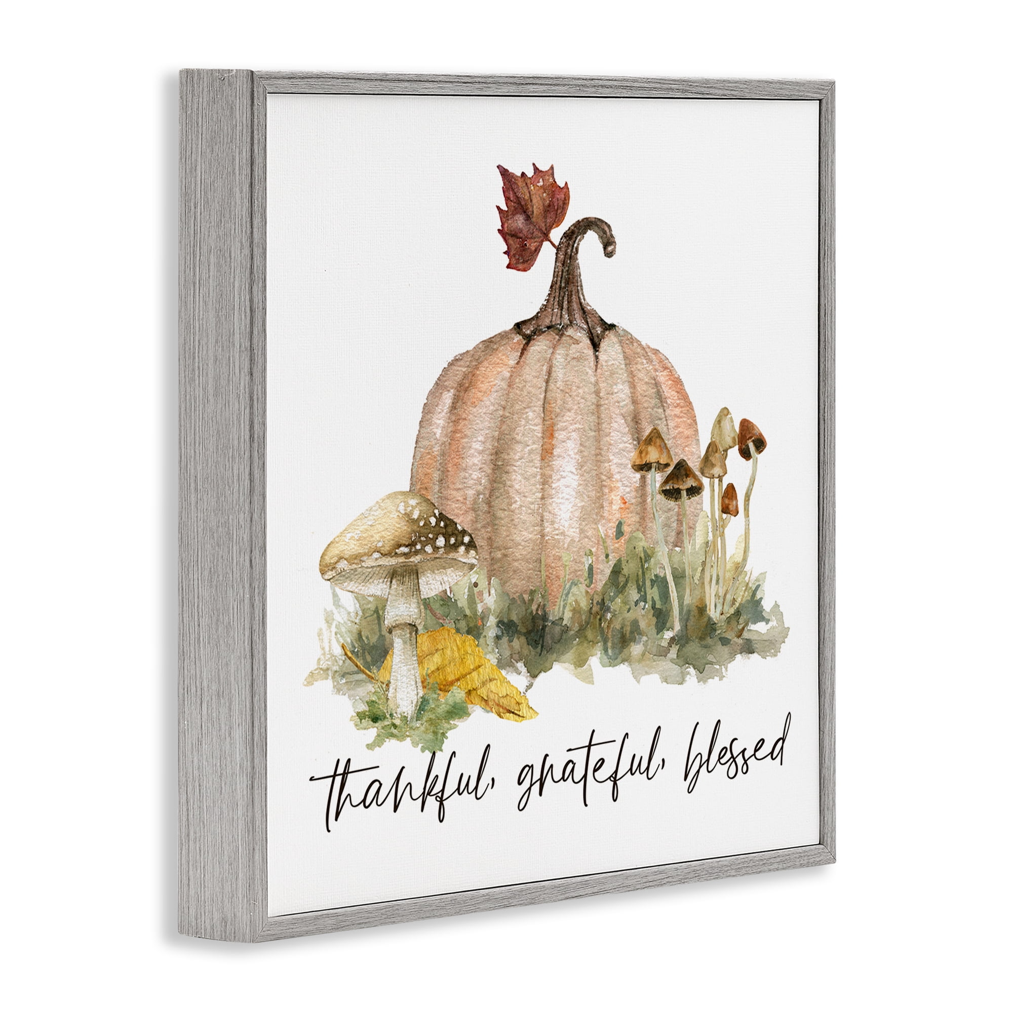 Stupell Industries Thankful Pumpkin & Mushrooms Botanical & Floral Painting Gray Framed Art Prints Wall Art, 12 x 12